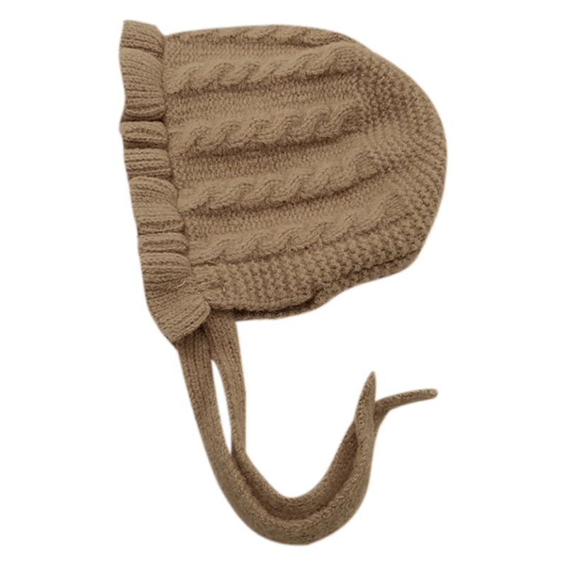 Baby Girls Solid Print Winter Hats With Ruffle Design childrensterritory