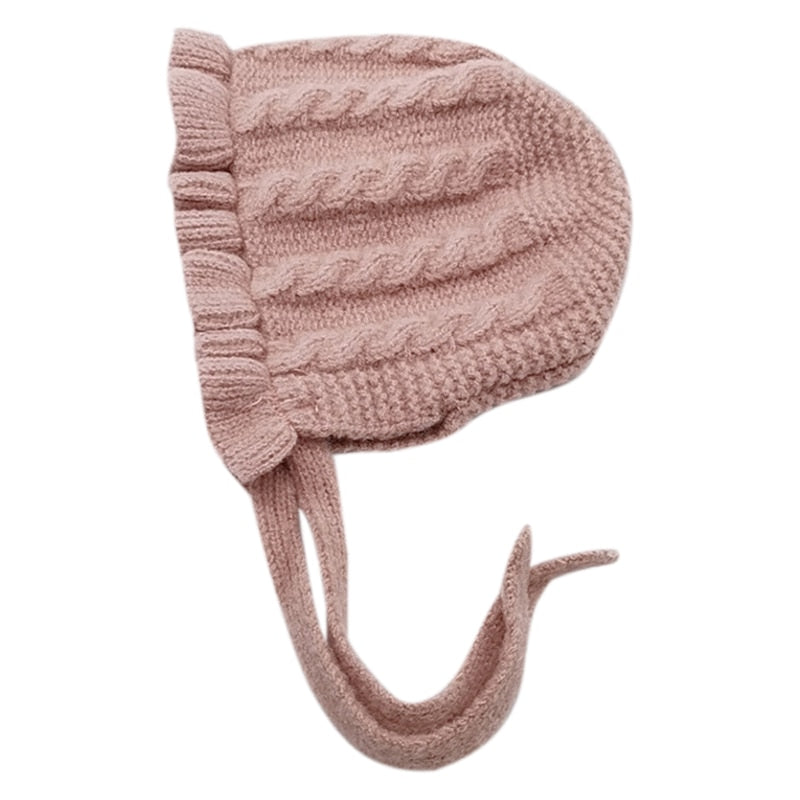 Baby Girls Solid Print Winter Hats With Ruffle Design childrensterritory
