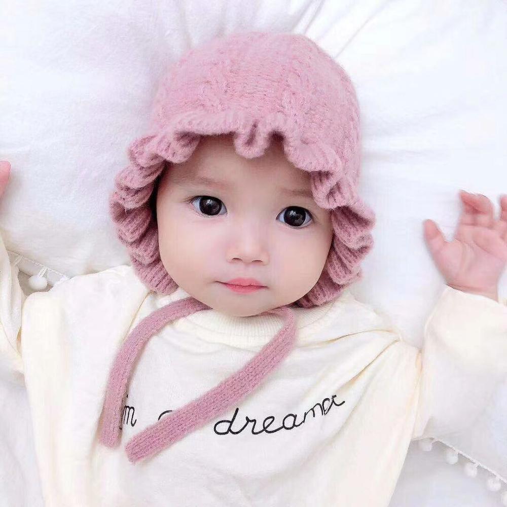 Baby Girls Solid Print Winter Hats With Ruffle Design childrensterritory