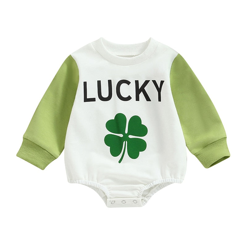 Baby Unisex Letter Clover Print Jumpsuit for St Patrick‘s Day childrensterritory
