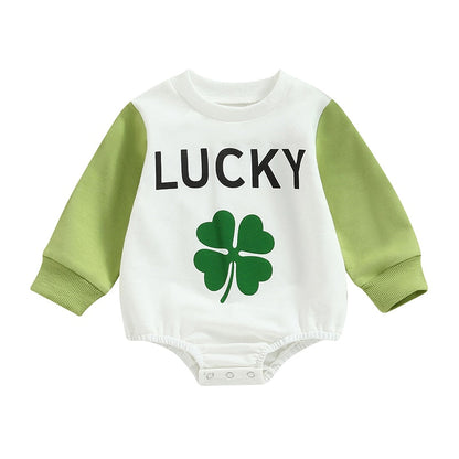 Baby Unisex Letter Clover Print Jumpsuit for St Patrick‘s Day childrensterritory