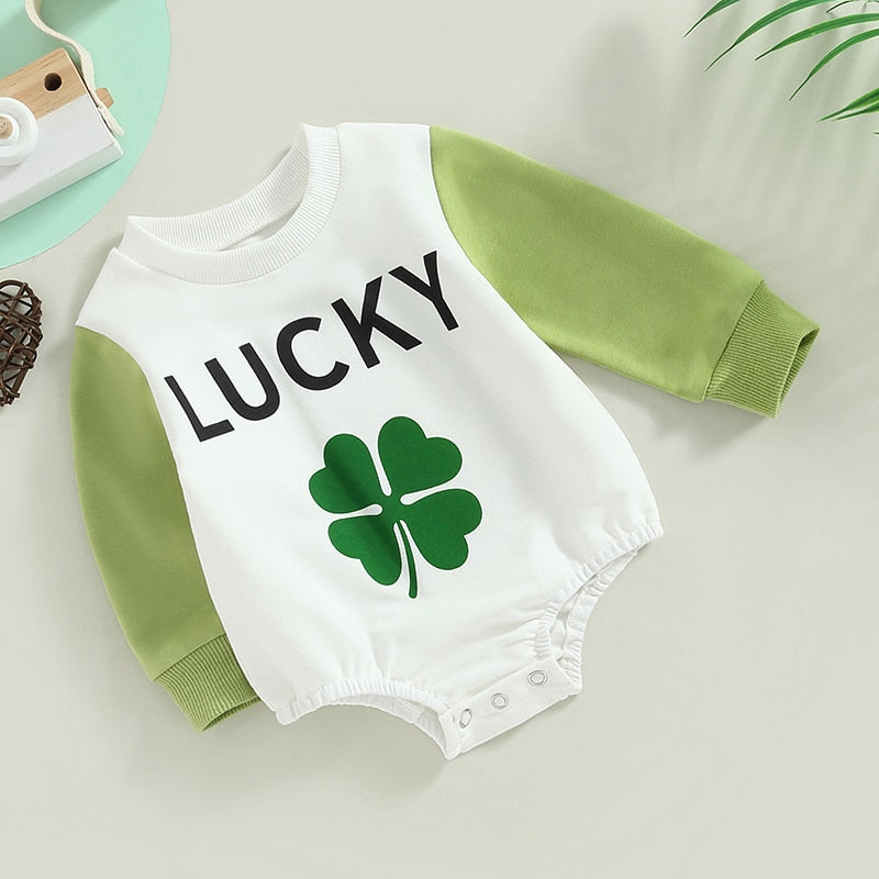 Baby Unisex Letter Clover Print Jumpsuit for St Patrick‘s Day childrensterritory