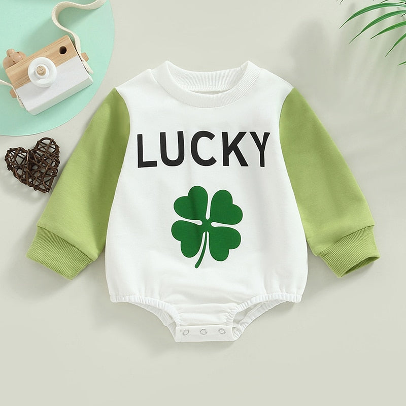 Baby Unisex Letter Clover Print Jumpsuit for St Patrick‘s Day childrensterritory