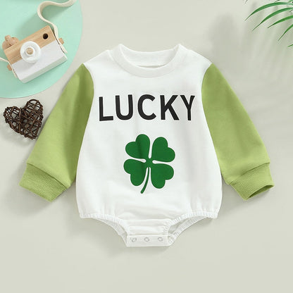 Baby Unisex Letter Clover Print Jumpsuit for St Patrick‘s Day childrensterritory