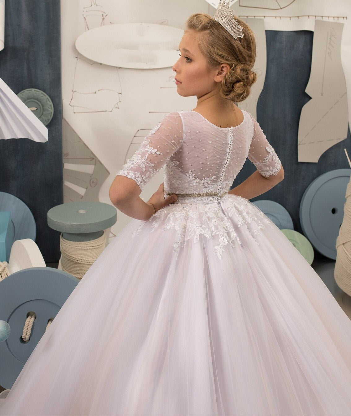 Baby/Kids Girls Half Sleeve Lace Tulle Dress/Prom Gowns childrensterritory