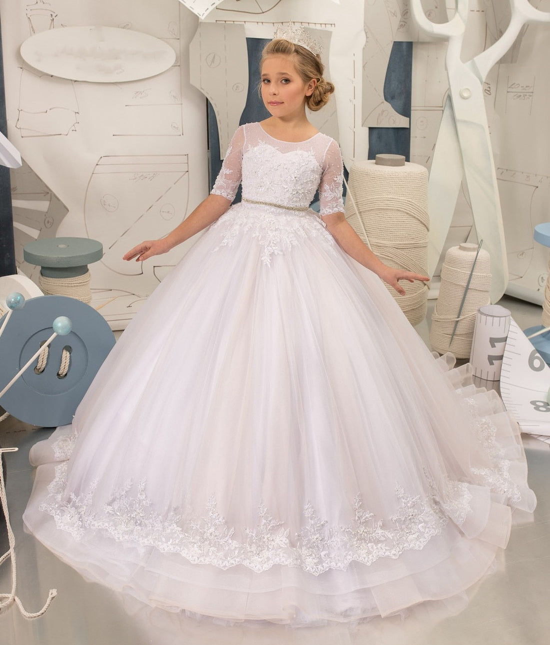 Baby/Kids Girls Half Sleeve Lace Tulle Dress/Prom Gowns childrensterritory