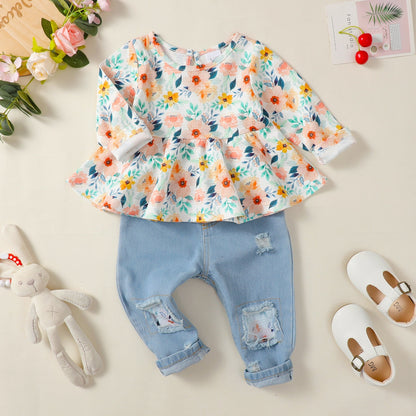 Baby/Kids Girls Ruffle Tops+Denim Pants 2pcs Set childrensterritory