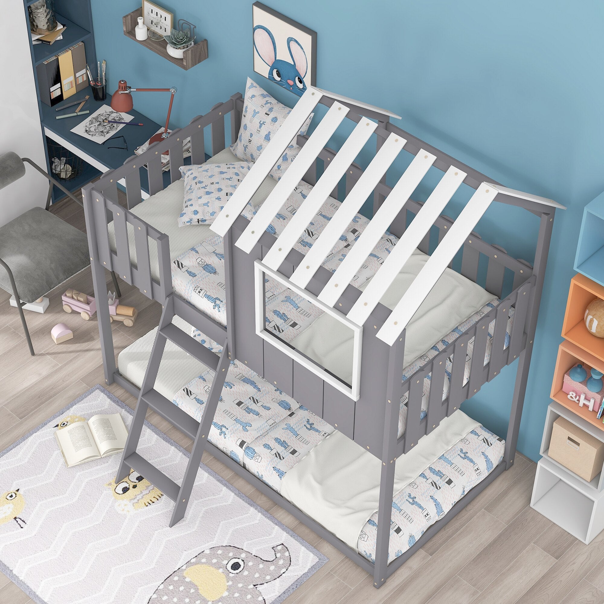 Bunk House Bed Frame Twin Size with Guardrails childrensterritory