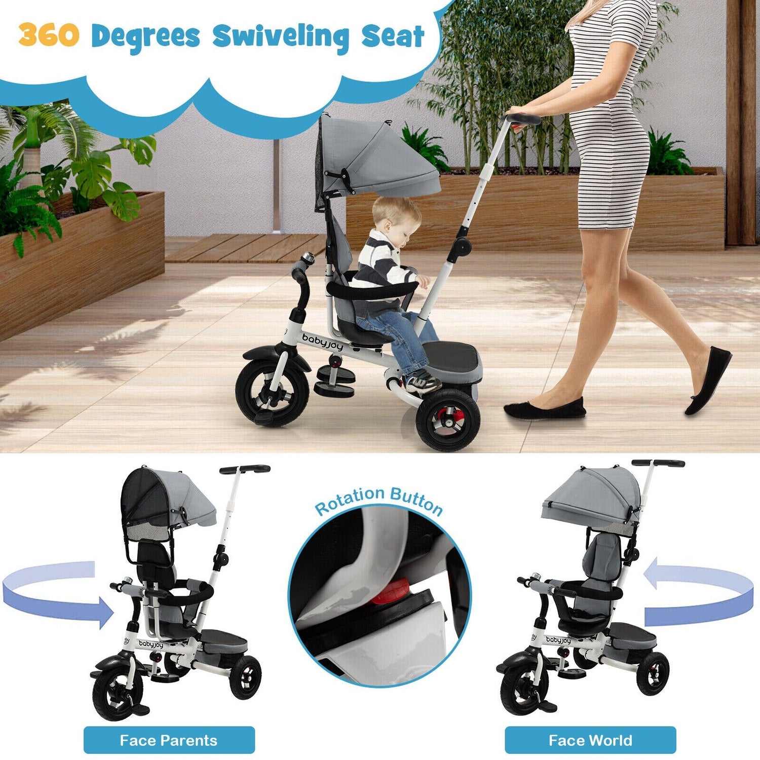 Folding Toddler Tricycle W/Reversible Seat &amp; Canopy childrensterritory