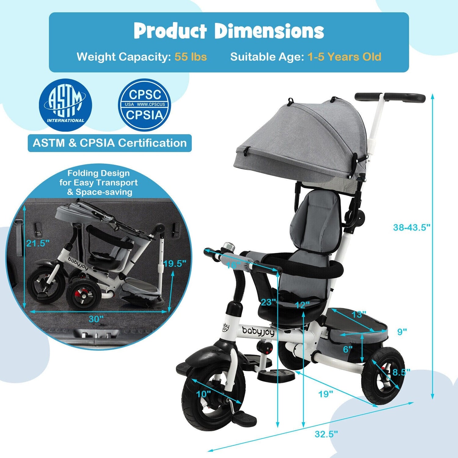Folding Toddler Tricycle W/Reversible Seat &amp; Canopy childrensterritory