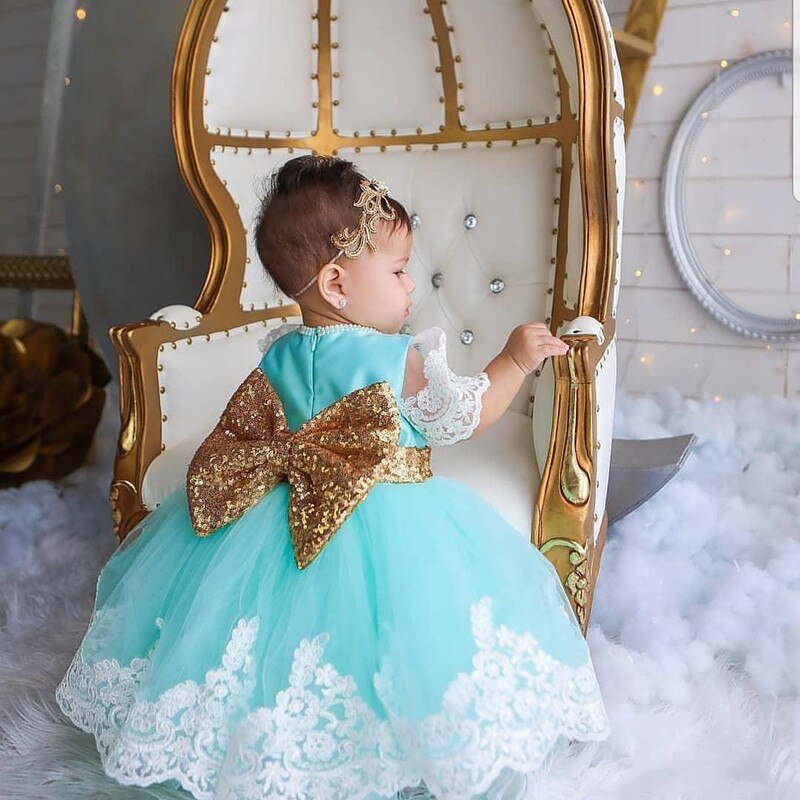 Gold Sequined Bow Appliques Flower Dress for Girls childrensterritory