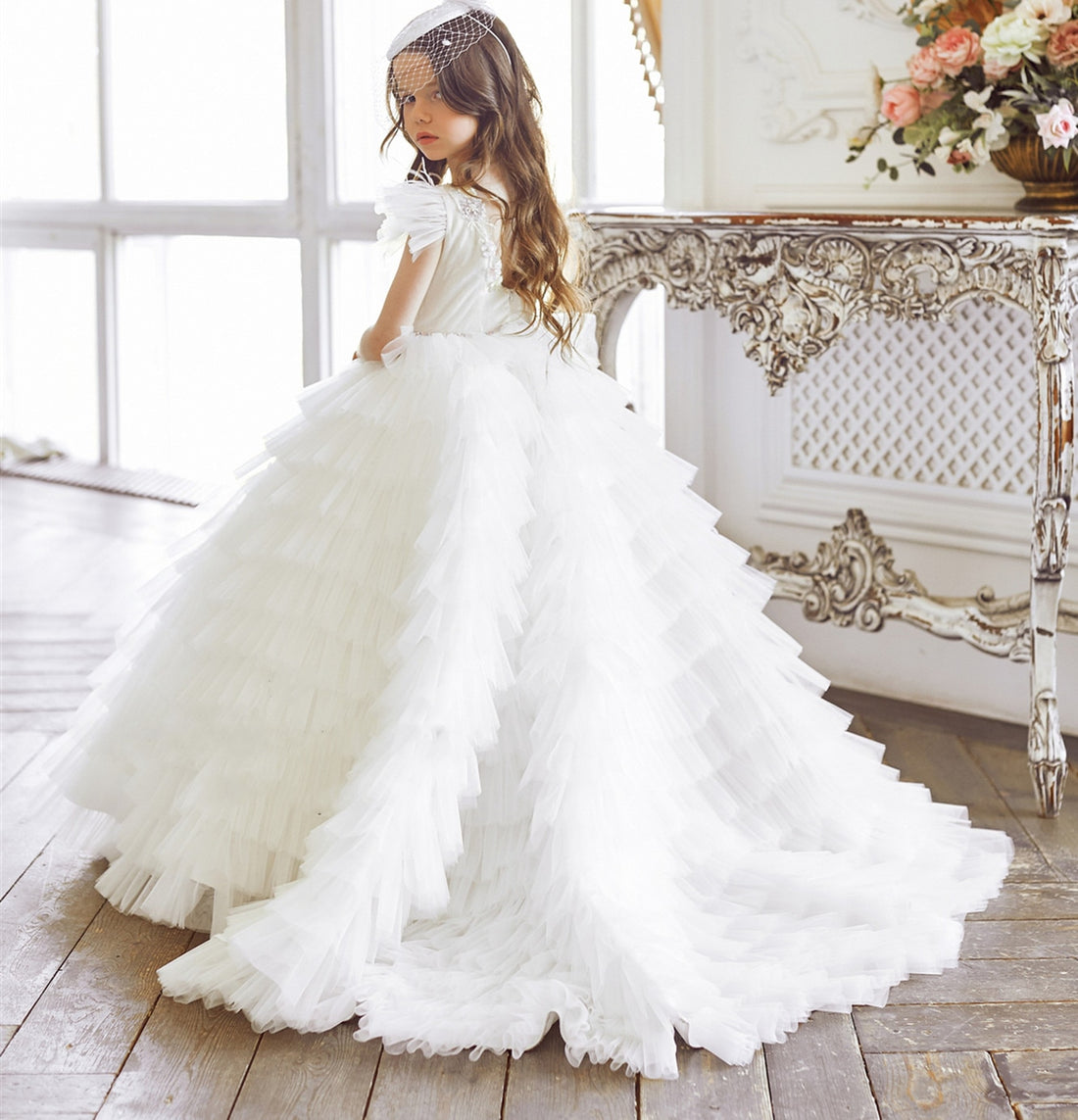 Tiered Puffy Tulle Flower Girl Dress For Communion childrensterritory