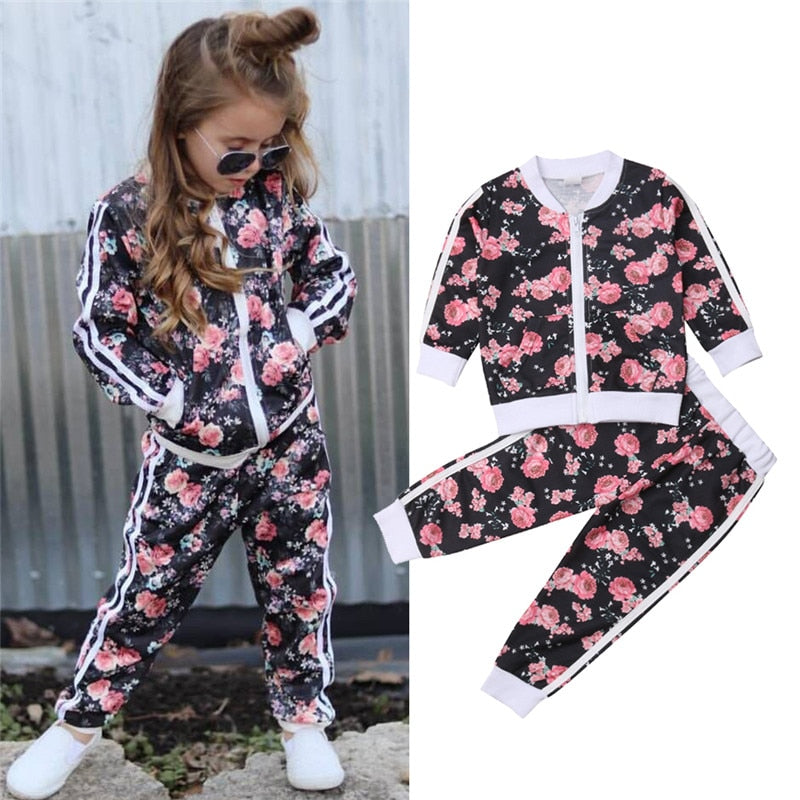 Kids Girls Floral Print Sweatshirt &amp; Pants Set | Tracksuit childrensterritory