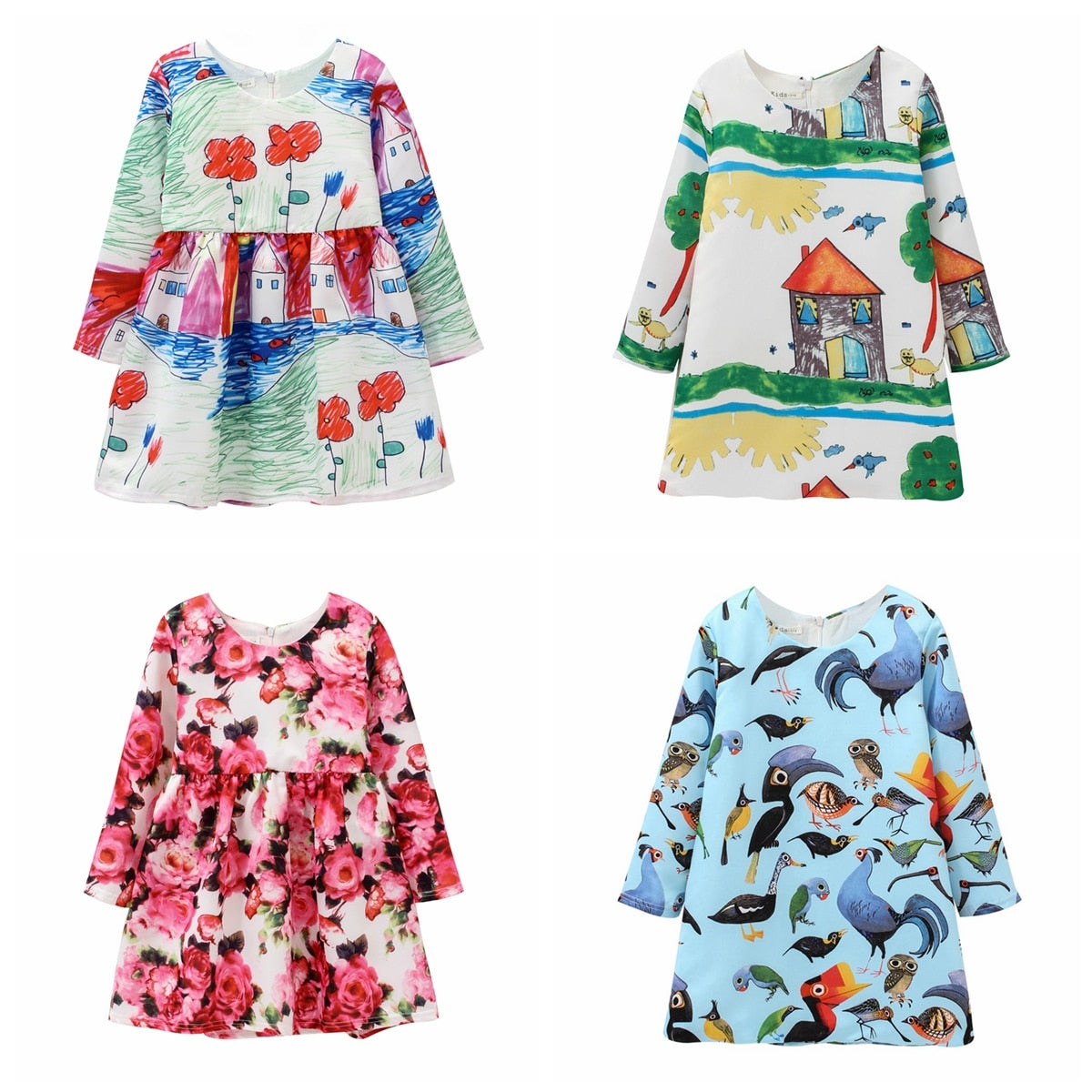 Flower Birds Printing Long Sleeve Princess Girl Dresses childrensterritory