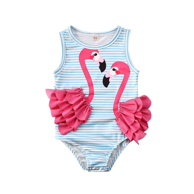 Toddler Girl Ruffle Flamingo Print Sleeveless Swimsuit childrensterritory