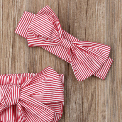 Sleeveless Striped Baby Girl Bodysuits with Headband childrensterritory