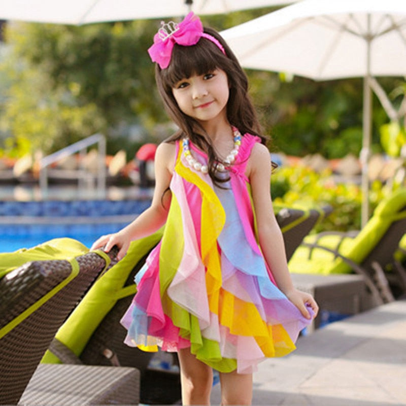 Korean-Style Kids Girls Sling Rainbow Beach Dress childrensterritory