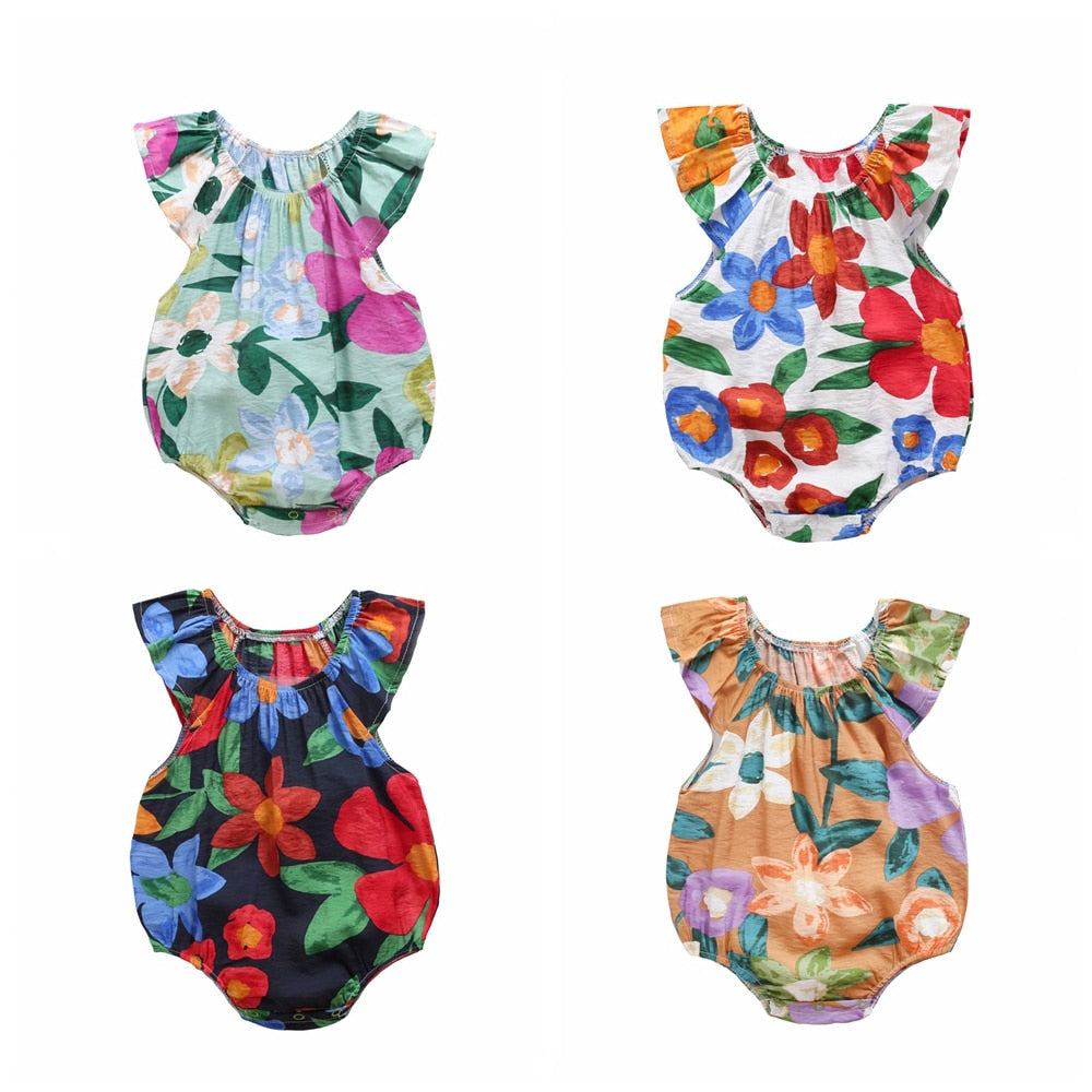 Floral Print Sleeveless Summer Bodysuits for Baby Girls childrensterritory