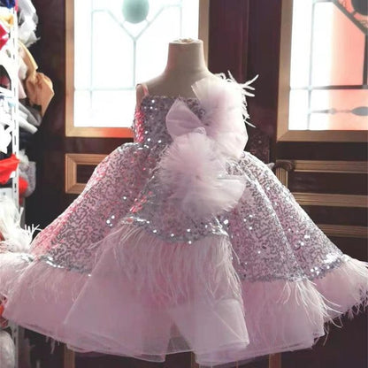 Sequined Top Feather Edge Tiered Birthday Dress for Little Girls childrensterritory