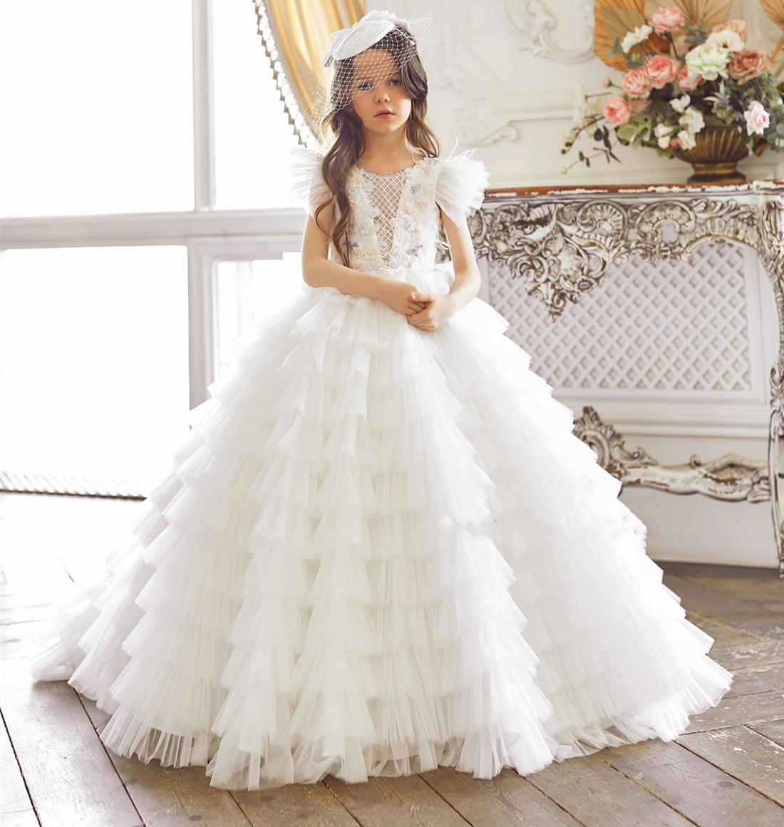 Tiered Puffy Tulle Flower Girl Dress For Communion childrensterritory