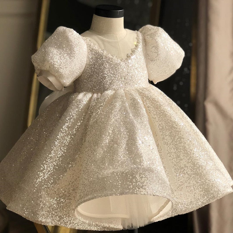 Puffy Sequin White Birdemaids Evening Party Dress for Girls childrensterritory