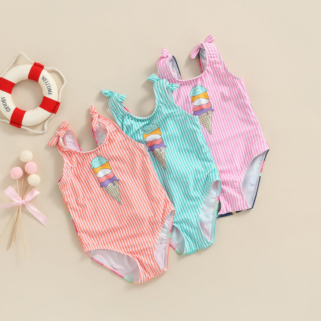Kid Girl Ice Cream Printed Patchwork Beach Bodysuit childrensterritory