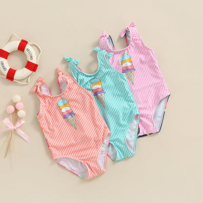 Kid Girl Ice Cream Printed Patchwork Beach Bodysuit childrensterritory