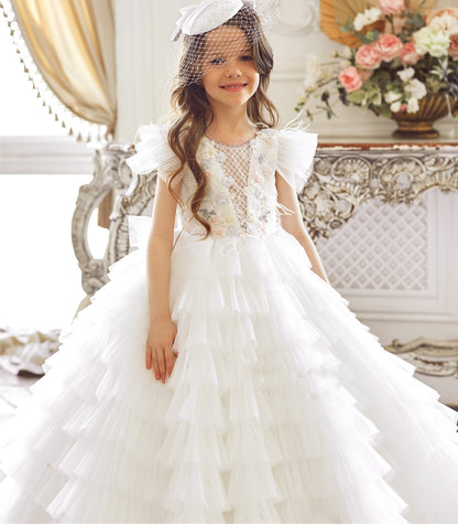 Tiered Puffy Tulle Flower Girl Dress For Communion childrensterritory