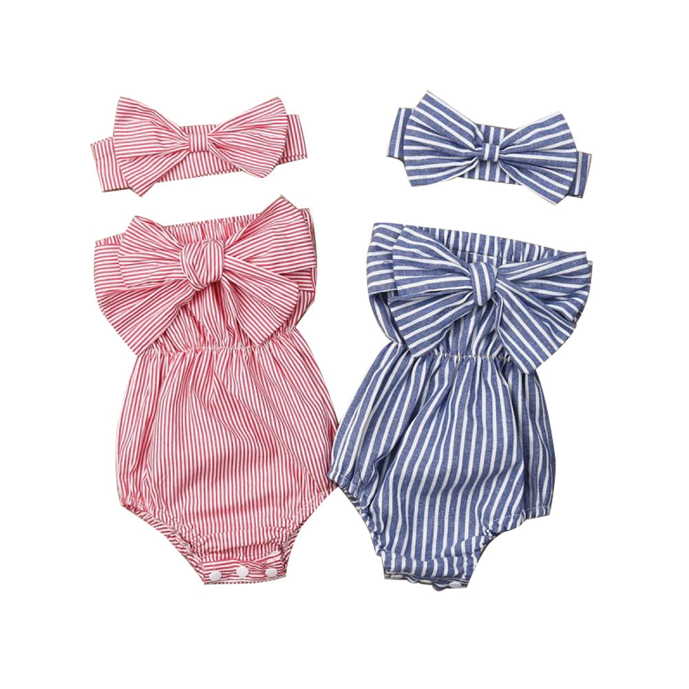 Sleeveless Striped Baby Girl Bodysuits with Headband childrensterritory
