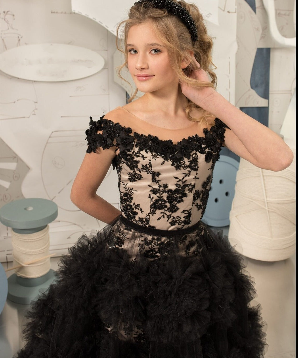 Off-Shoulder Lace Tulle Wedding Party Dress for Girls childrensterritory