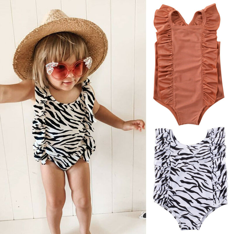 Kids Girl Solid and Printed Ruffle Sleeveless Swimwear childrensterritory