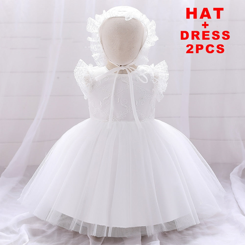 Infant Girl Floral Lace Christening Gown With Hat childrensterritory
