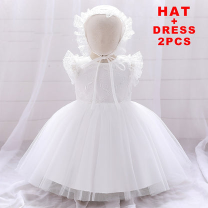 Infant Girl Floral Lace Christening Gown With Hat childrensterritory