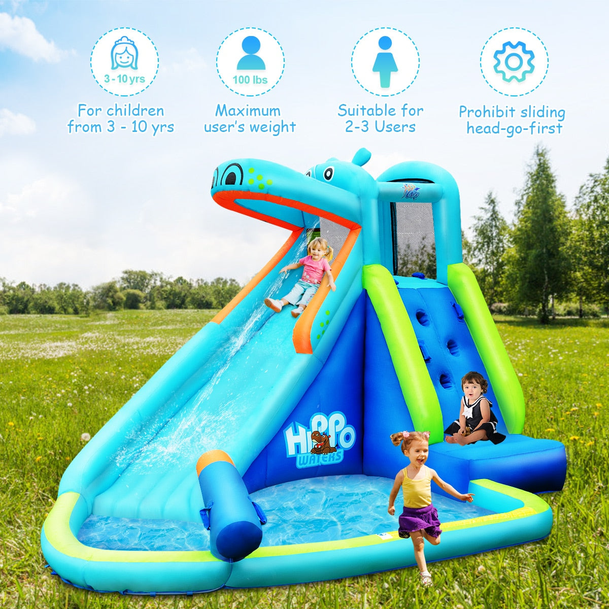 Kids Inflatable Hippo Bounce Slide &amp; Pool w/ Bag childrensterritory
