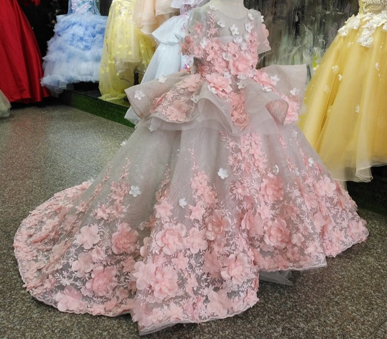 3D Floral Appliques Tulle Pageant Gowns for Kids Girls childrensterritory