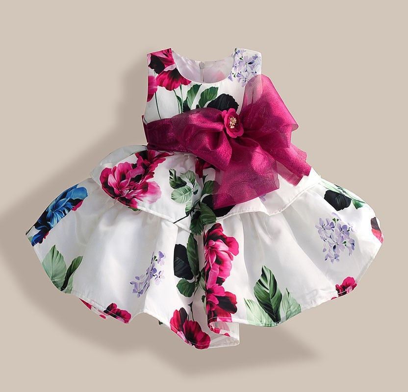 Silk Bow Rose Flower Print Sleeveless Toddler Girls Party Dresses childrensterritory