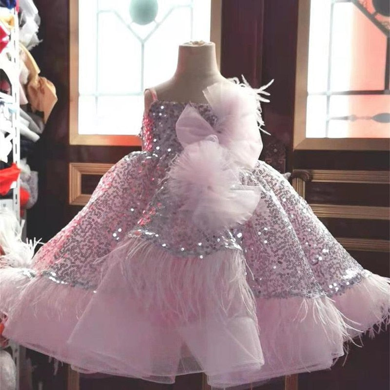 Sequined Top Feather Edge Tiered Birthday Dress for Little Girls childrensterritory
