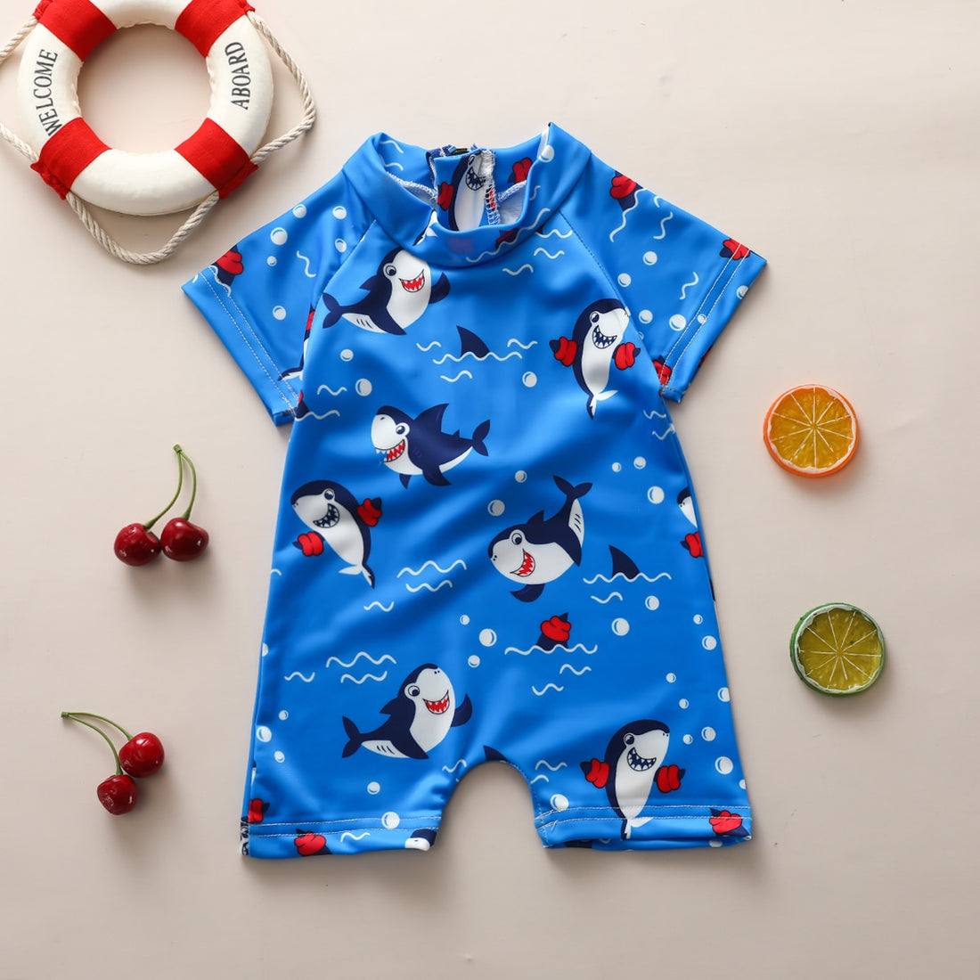 Baby Boys Cartoon Shark Print Blue Beachwear childrensterritory