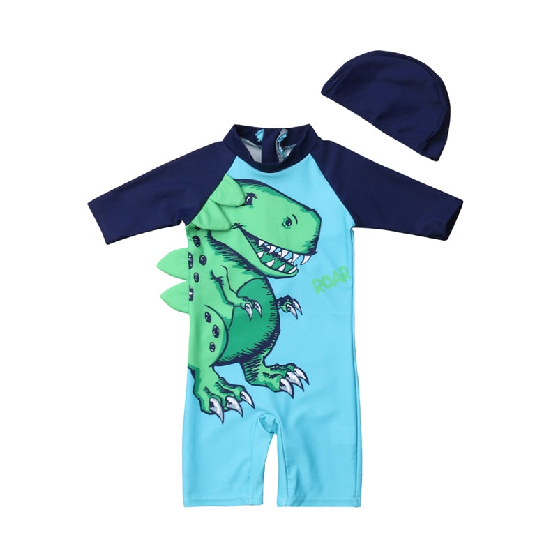 Cartoon Print Kid Boy Rash Guard Swim Suit with Hat childrensterritory