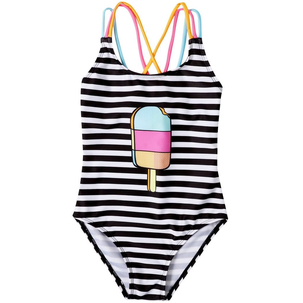 Ice Cream Printed Kids Girls Striped Beachwear Bodysuit childrensterritory