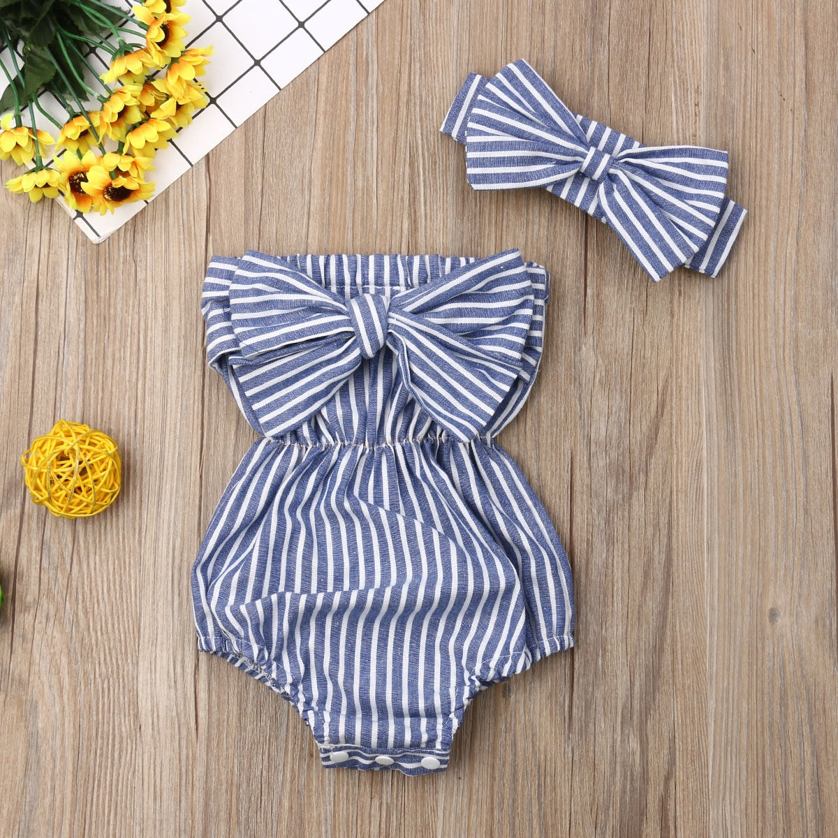 Sleeveless Striped Baby Girl Bodysuits with Headband childrensterritory