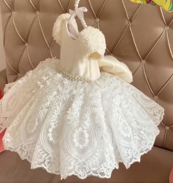 Tutu Pearls Flower Girl Dress for Baby/Kids Baptism childrensterritory