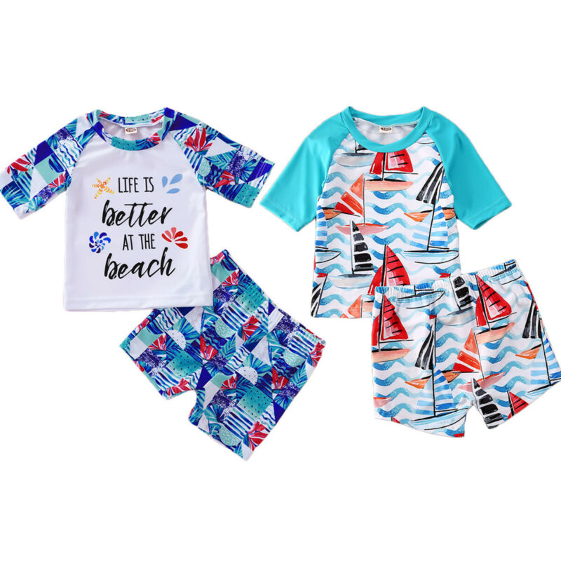 Kid Boy Letter and Beach Print Top &amp; Shorts Set childrensterritory