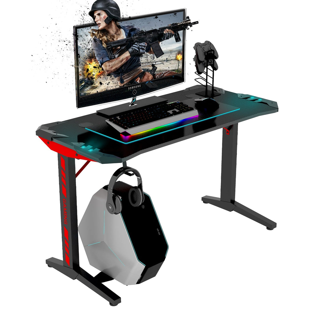 High Quality T Shape Black MDF LED Gaming Desk childrensterritory
