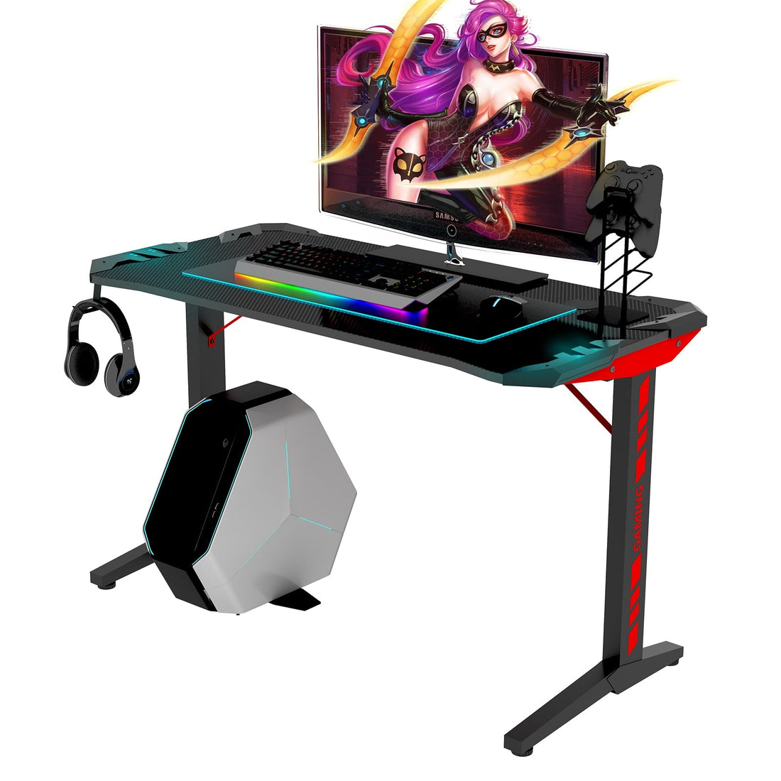 High Quality T Shape Black MDF LED Gaming Desk childrensterritory