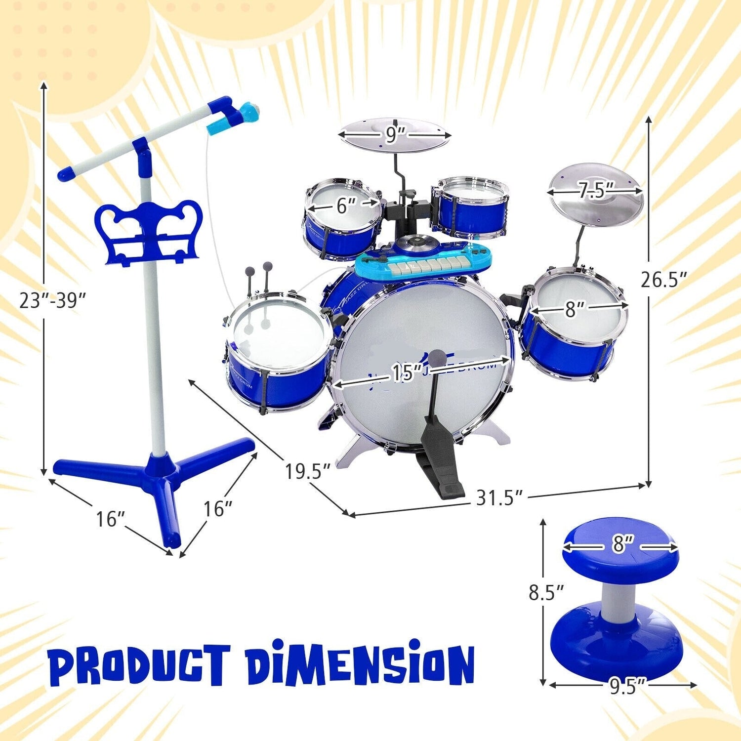 Jazz Drum Set for Toddler/Kids w/Keyboard/Cymbal/Microphone childrensterritory