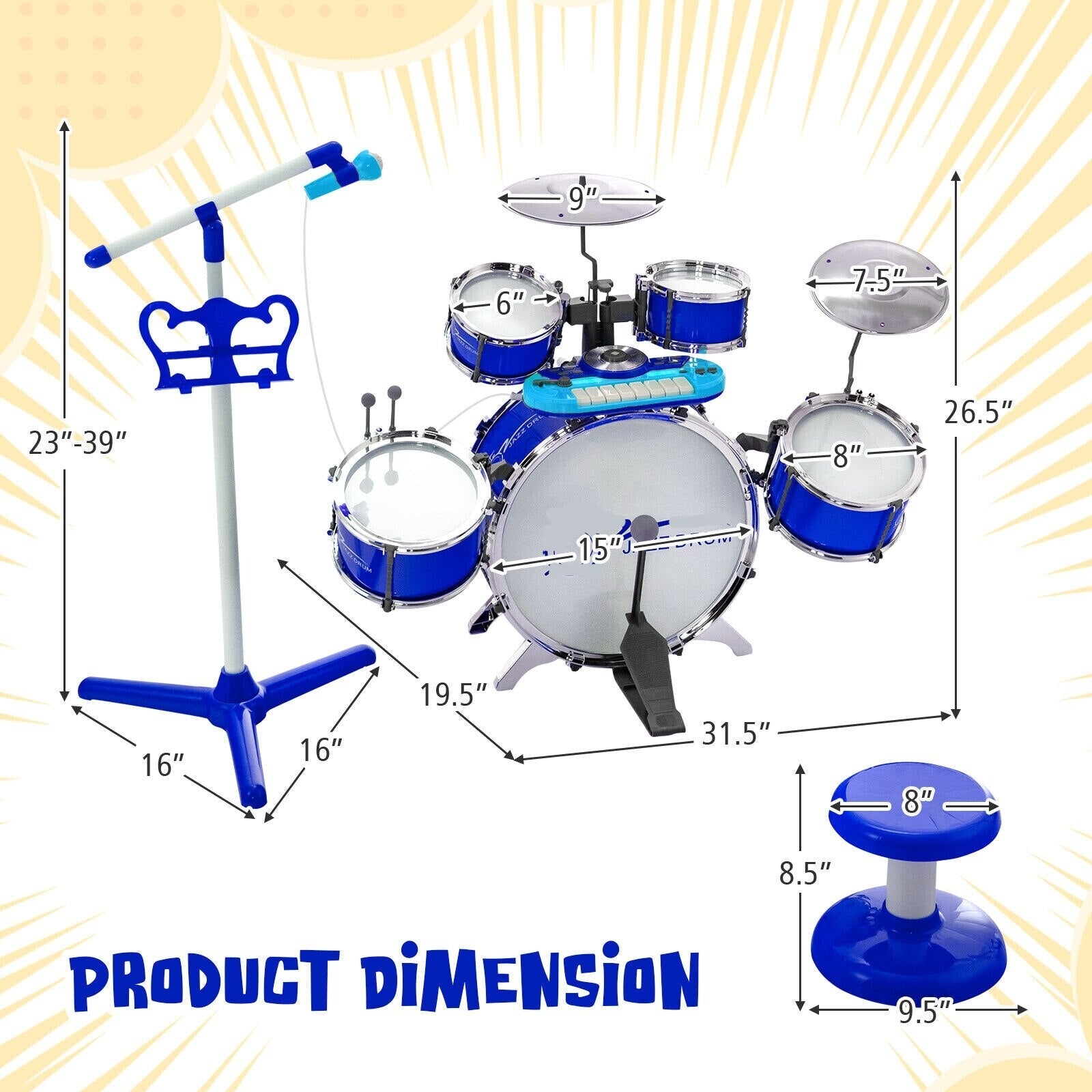 Jazz Drum Set for Toddler/Kids w/Keyboard/Cymbal/Microphone childrensterritory