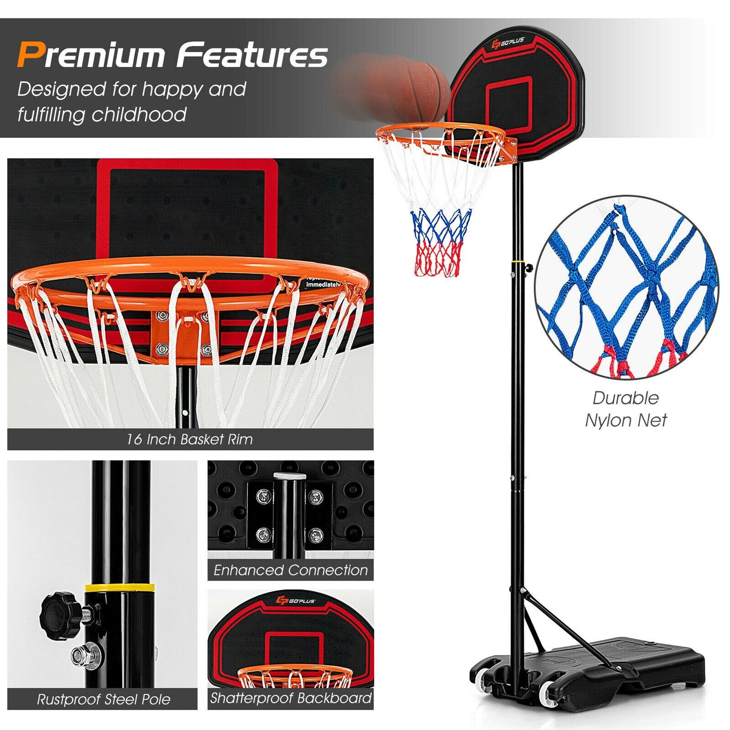 Kids Adjustable Basketball Hoop Stand W/Durable Net childrensterritory