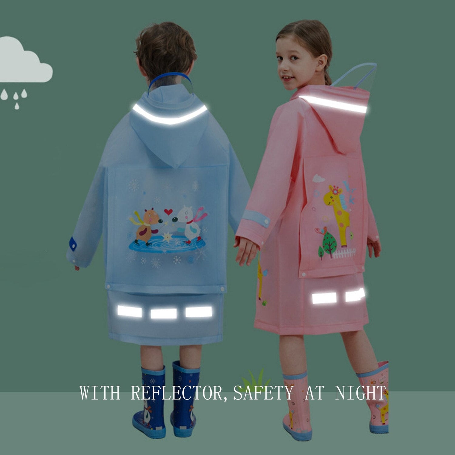 Kids Boys Girls Cartoon Print Hooded Raincoat childrensterritory