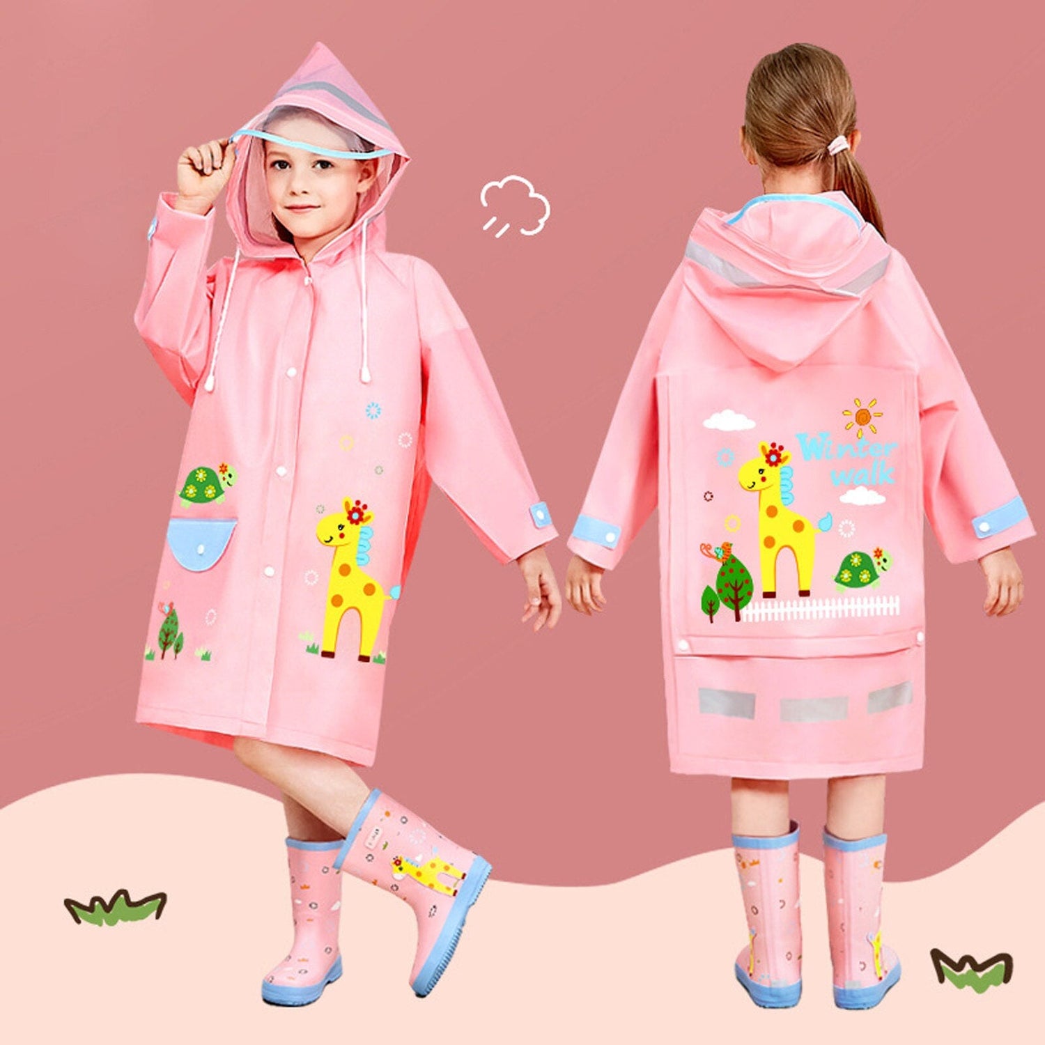 Kids Boys Girls Cartoon Print Hooded Raincoat childrensterritory